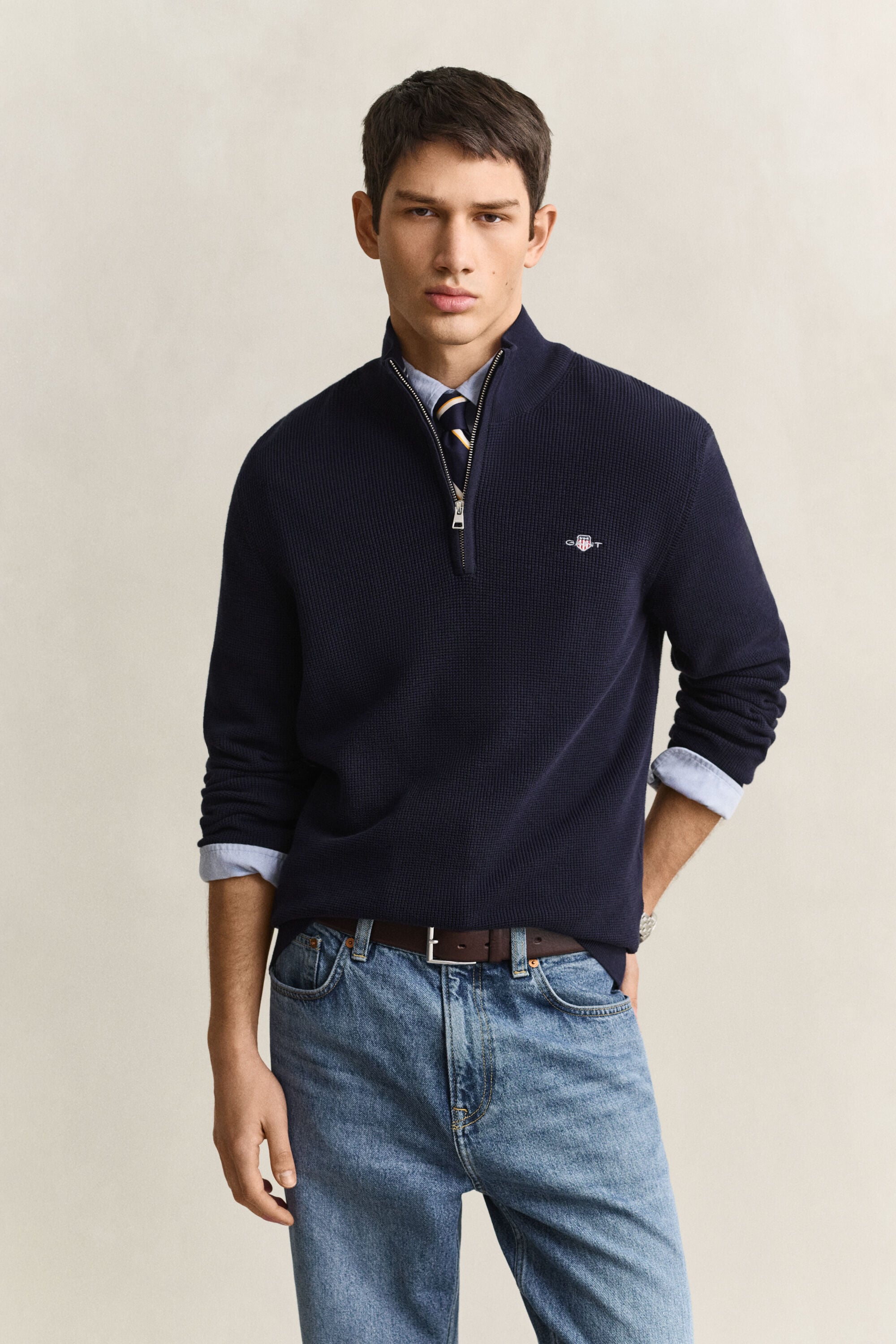 Jersey de algodón con media cremallera y textura