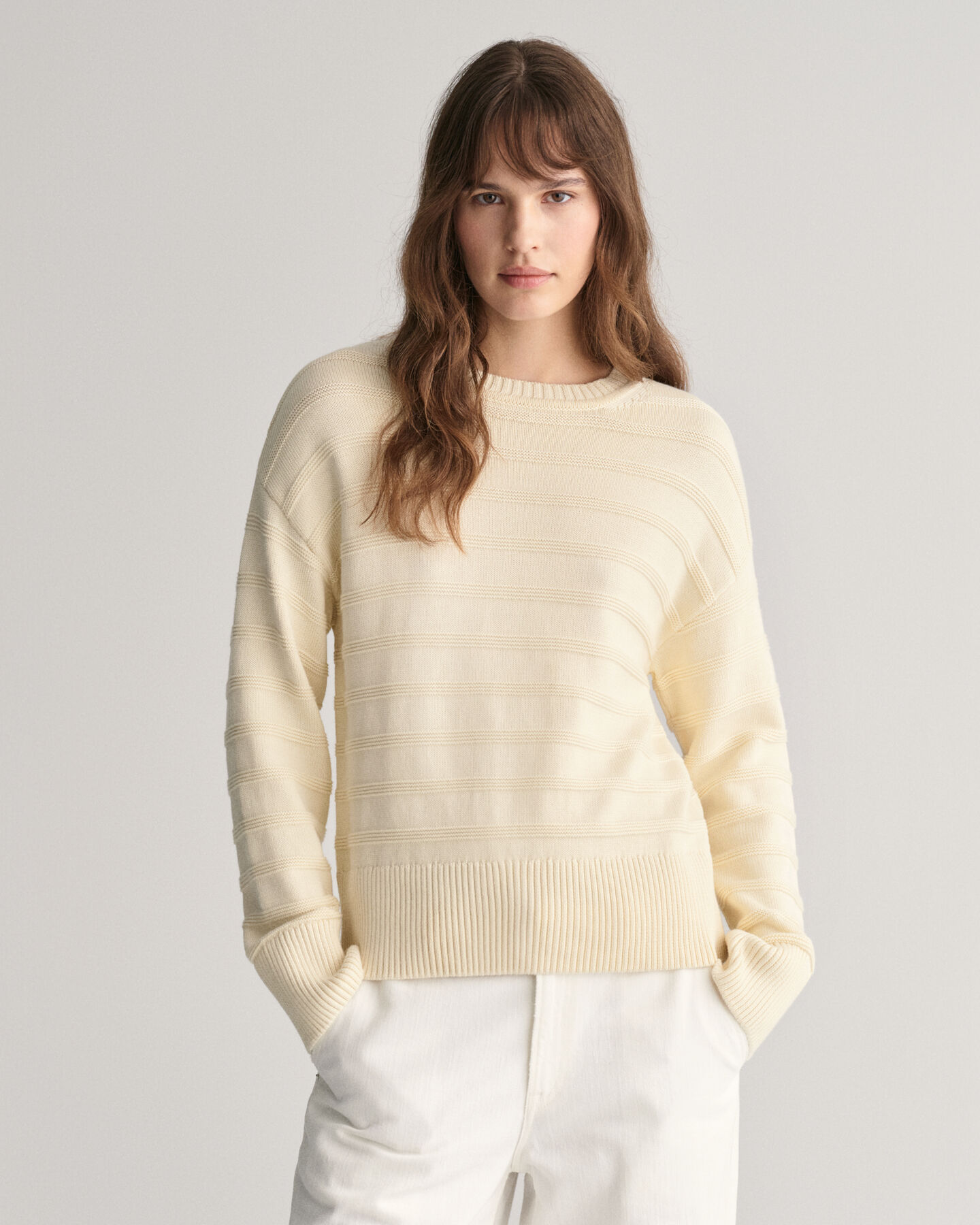 Jersey de algod&oacute;n a rayas con cuello redondo Tonal