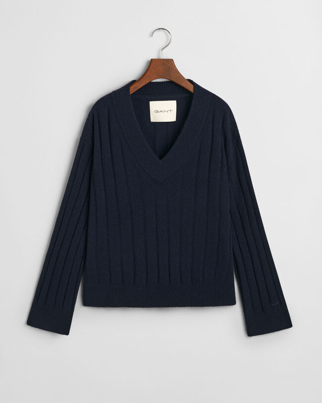 Jersey de lana con cuello de pico y canal&eacute; ancho