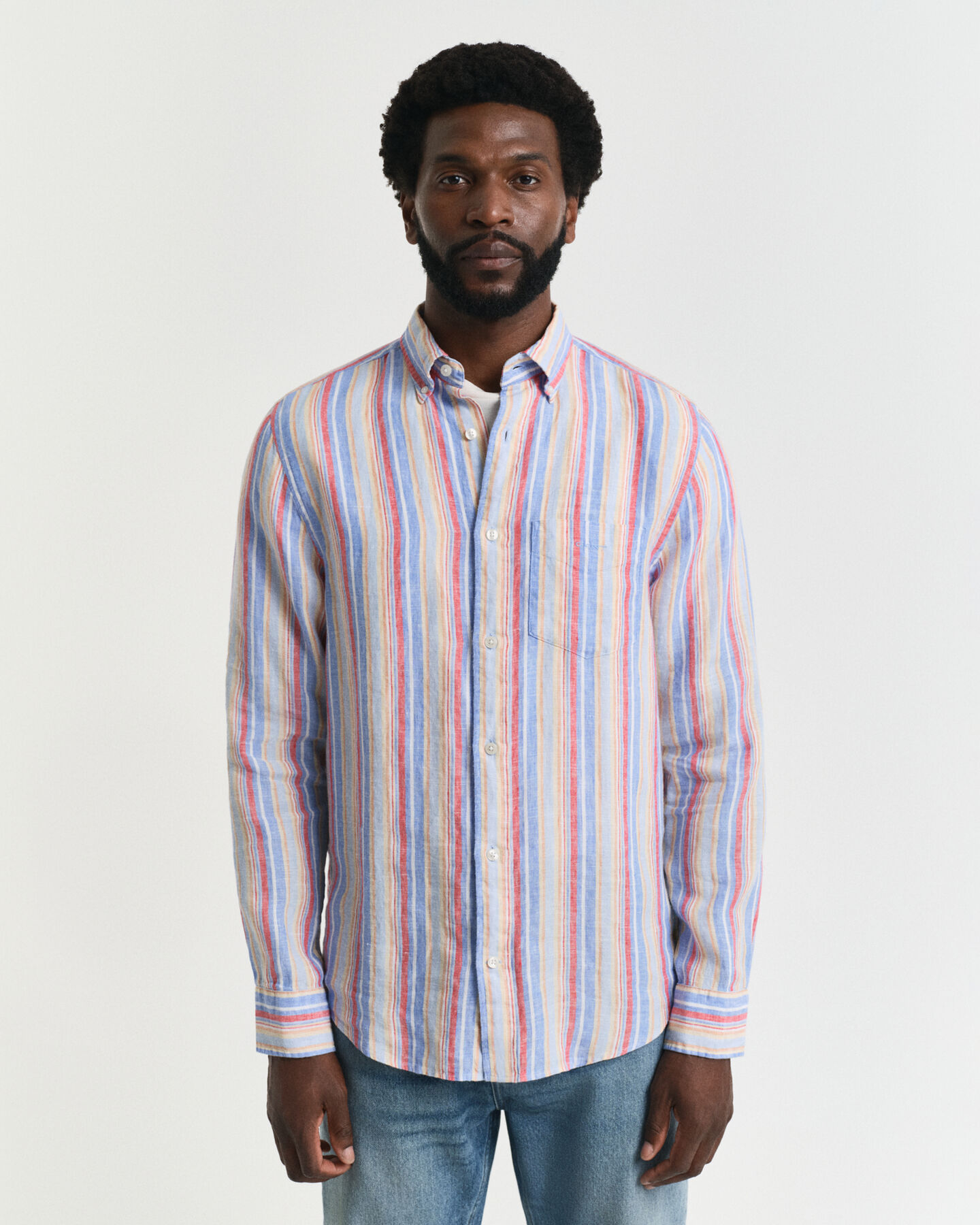 Camisa Regular Fit de lino con rayas multicolor