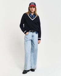 Jersey de lana de oveja muy fina con cuello de pico en contraste