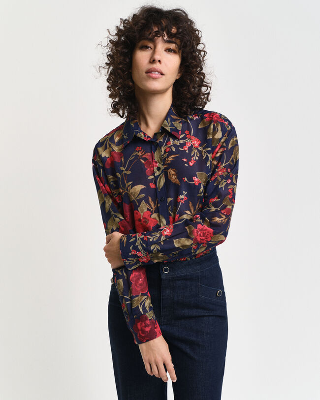 Camisa Relaxed Fit de seda y algod&oacute;n con estampado de rosas