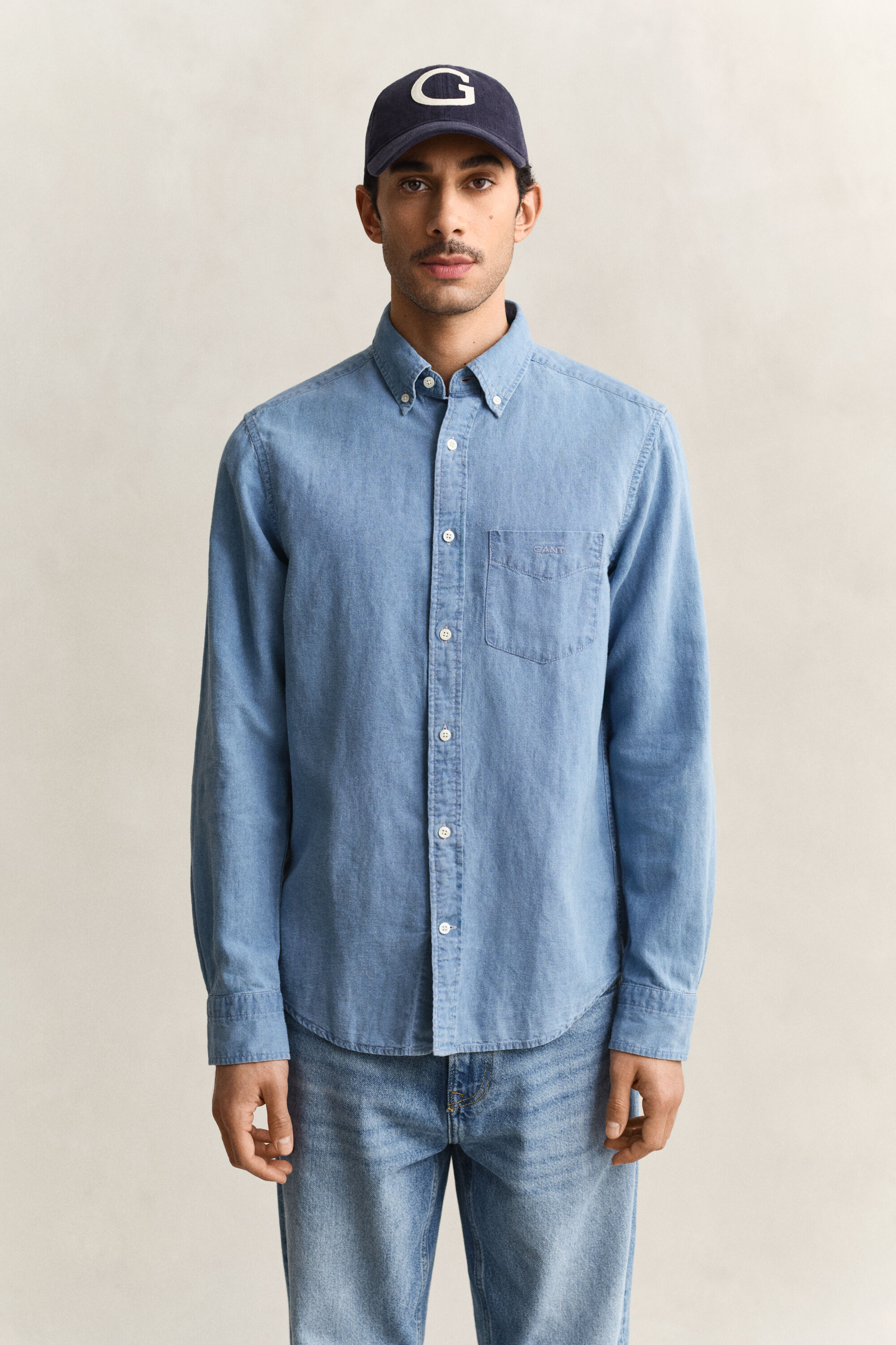 Camisa de algodón y lino añil