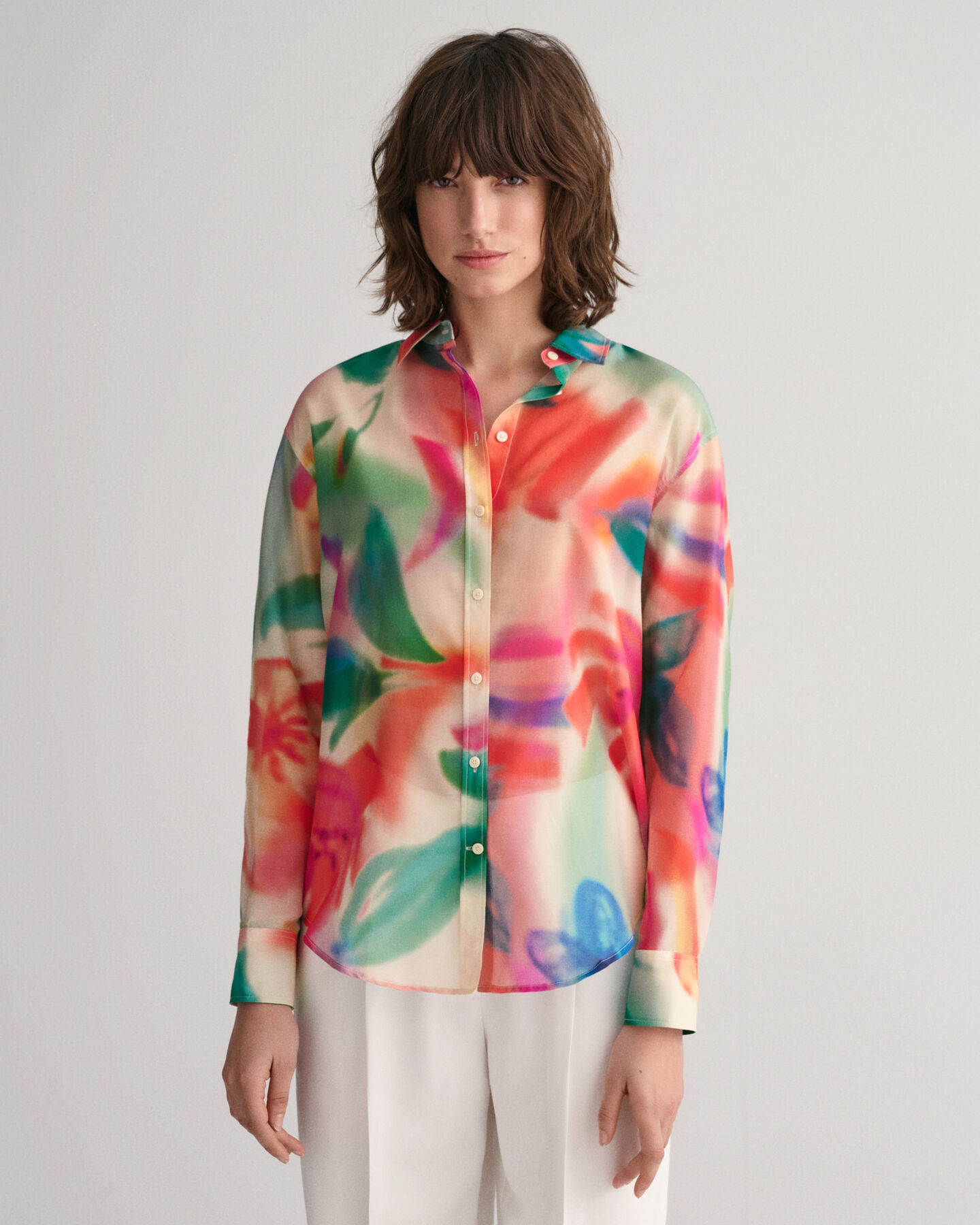 Camisa Relaxed Fit de seda y algod&oacute;n con estampado de flores