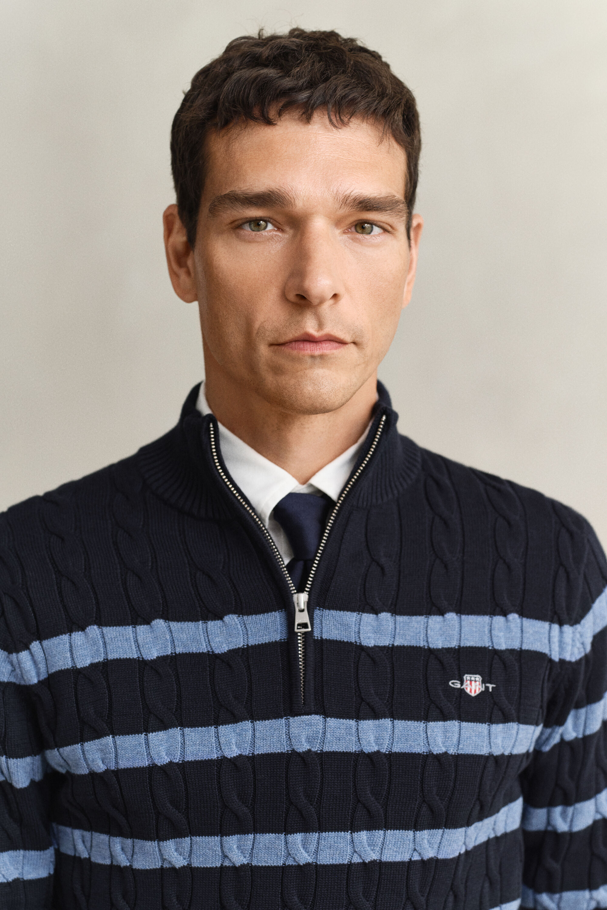 Jersey de punto de ochos en algodón de rayas con media cremallera