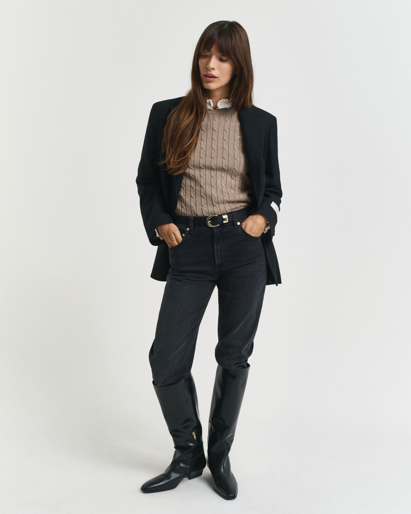 Jersey de cuello redondo y punto de ochos en algodón elástico