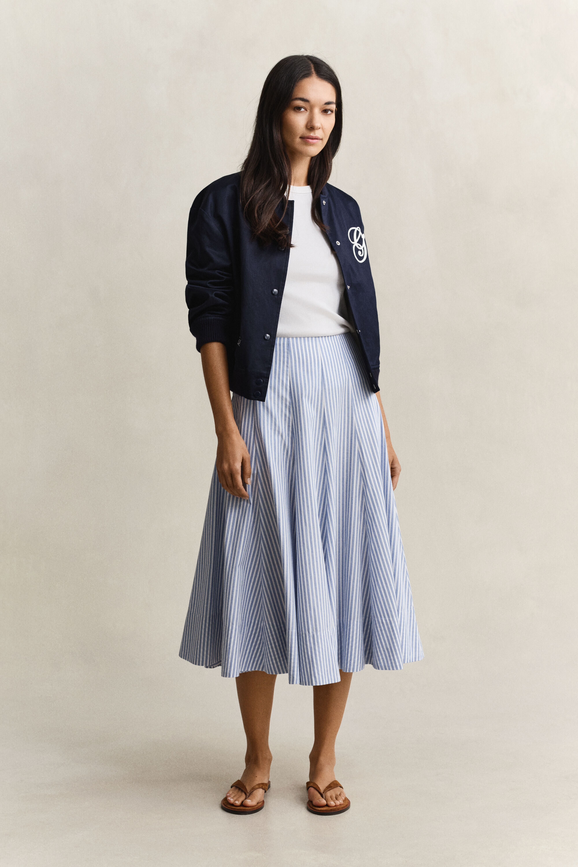Falda midi de algodón a rayas