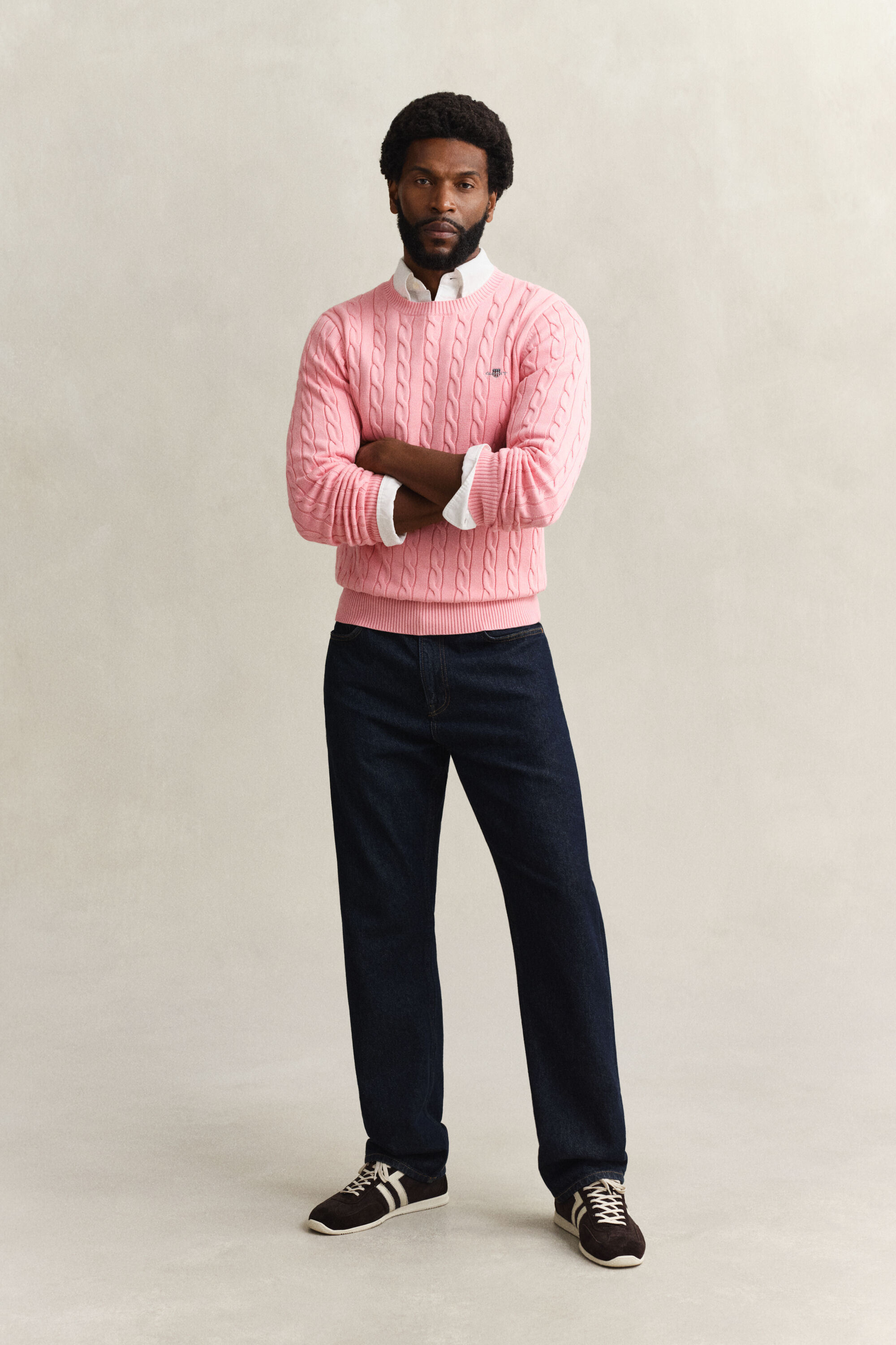 Jersey de cuello redondo y punto de ochos en algodón