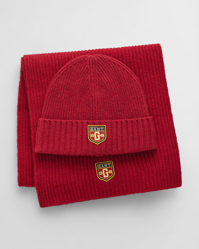 Set de regalo de gorro y bufanda de lana con insignia