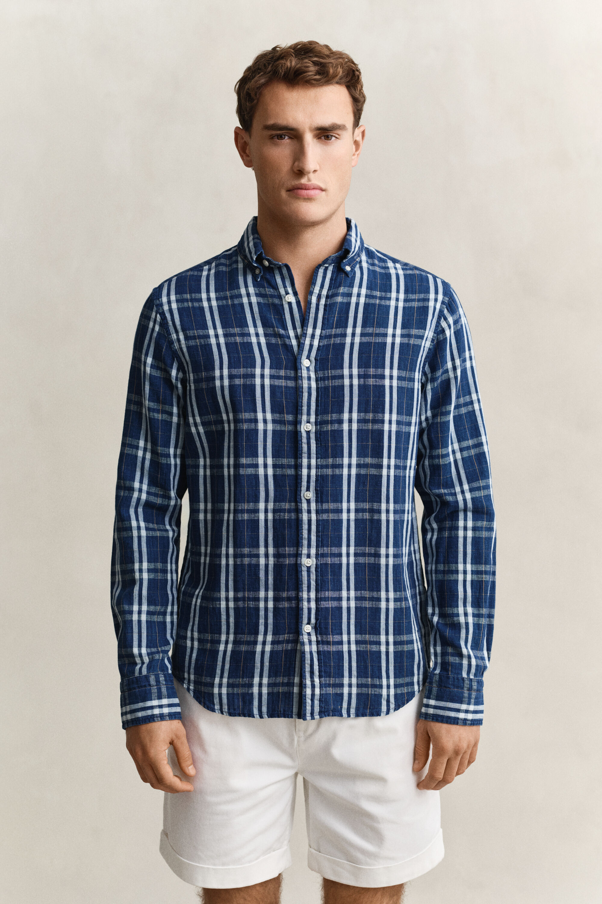 Camisa de cuadros de algodón y lino