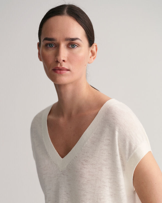 Chaleco en mezcla de lino con cuello de pico