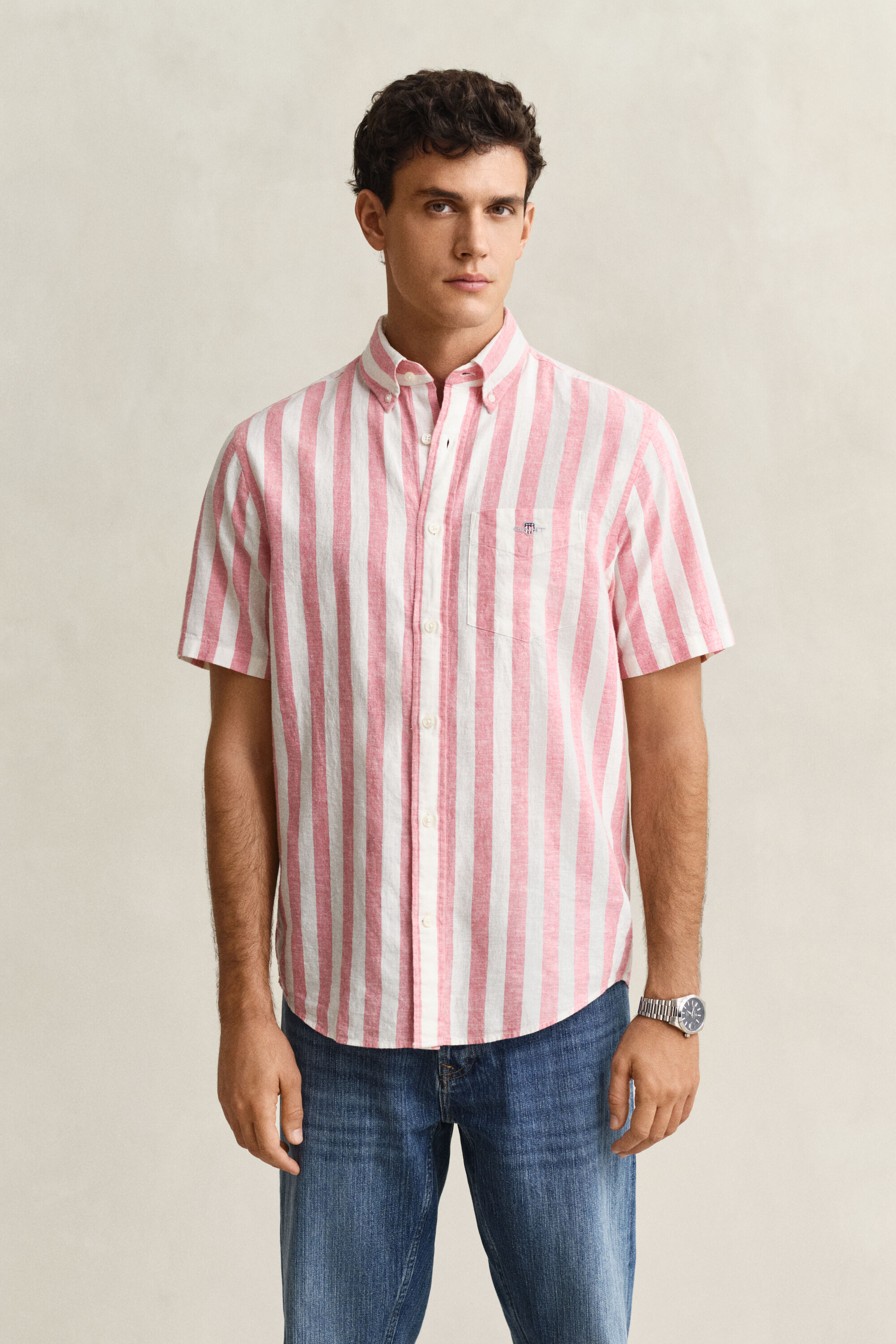Camisa de manga corta en mezcla de lino a rayas