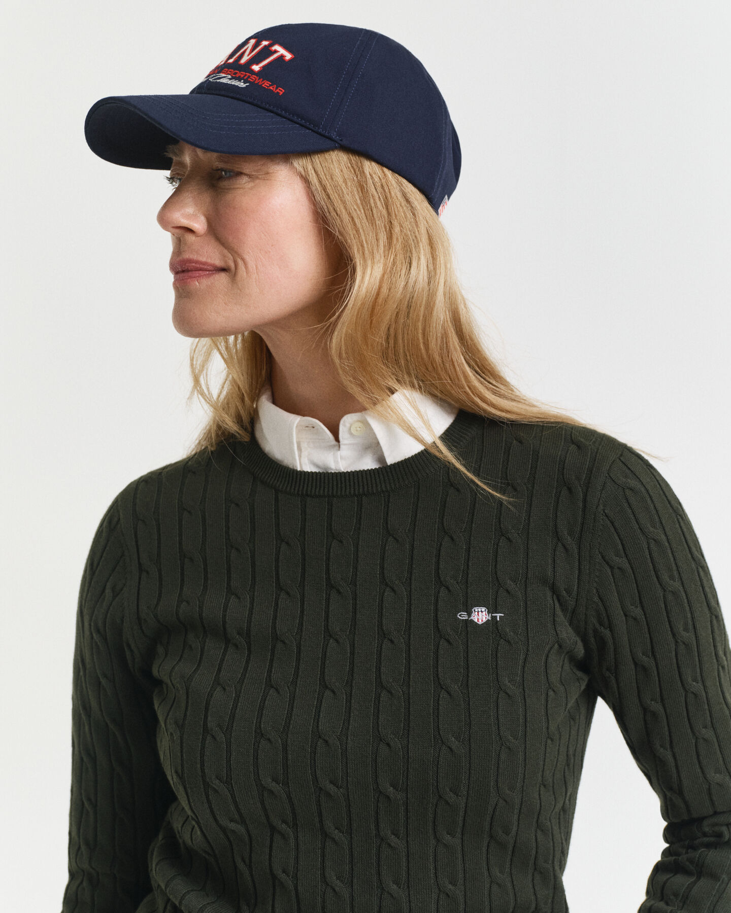 Jersey de cuello redondo y punto de ochos en algodón elástico