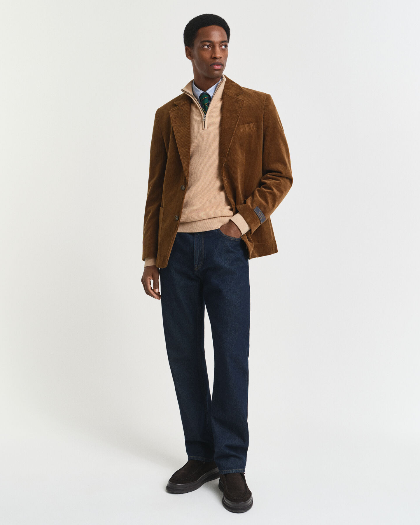 Jersey acanalado de algodón y lana merino con media cremallera