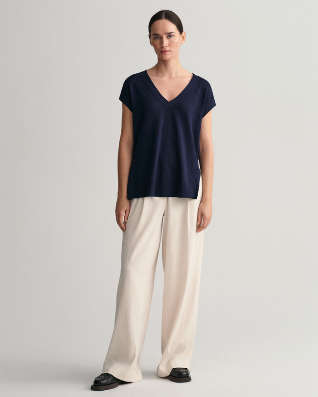 Chaleco en mezcla de lino con cuello de pico