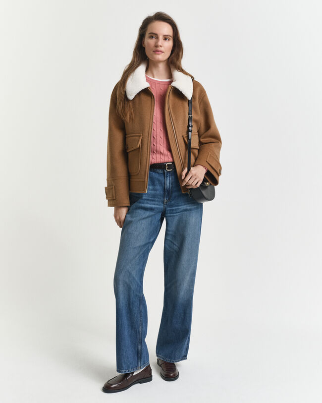 Jersey de cuello redondo y punto de ochos en algodón elástico