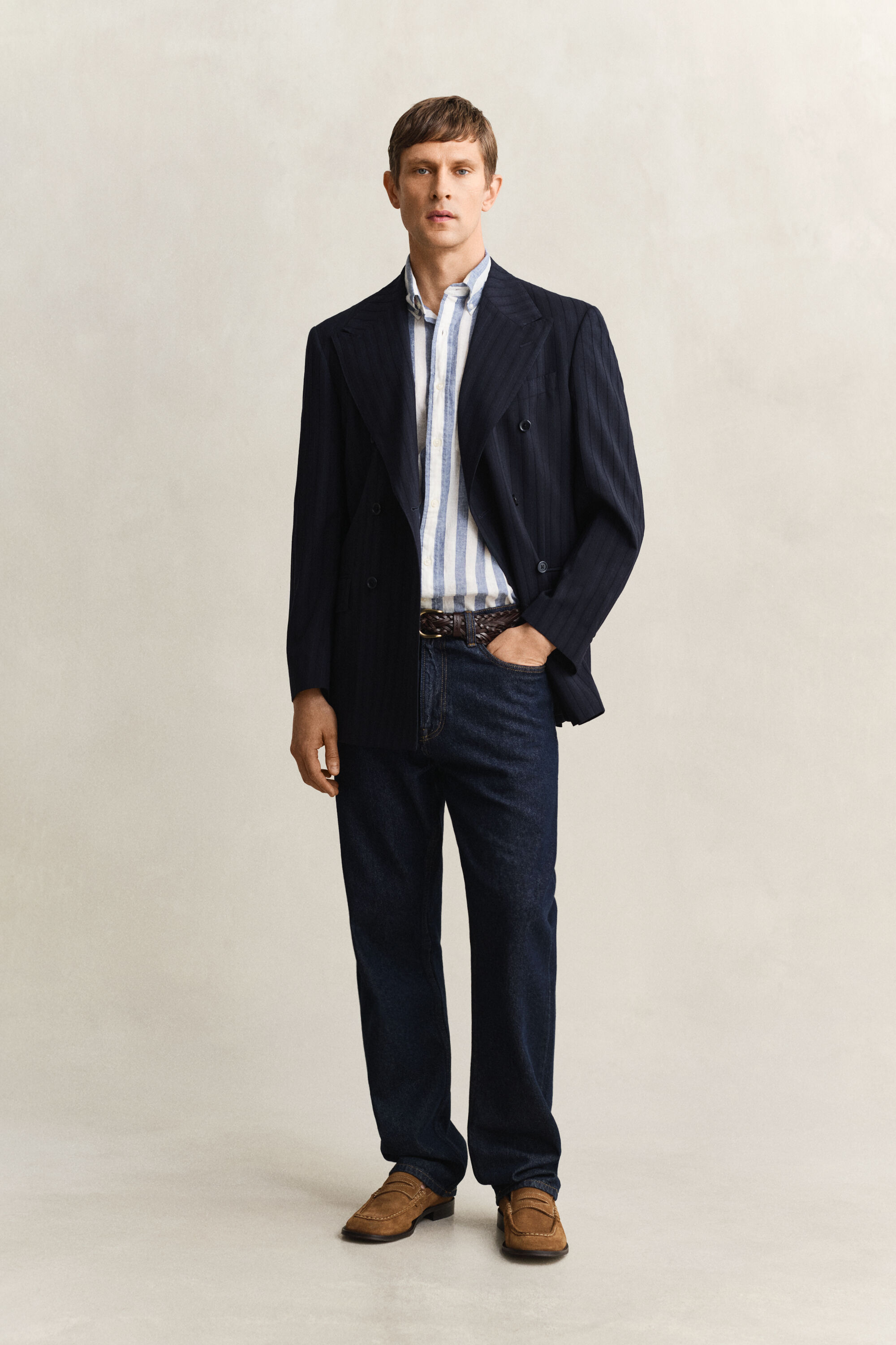 Camisa de manga corta en mezcla de lino a rayas