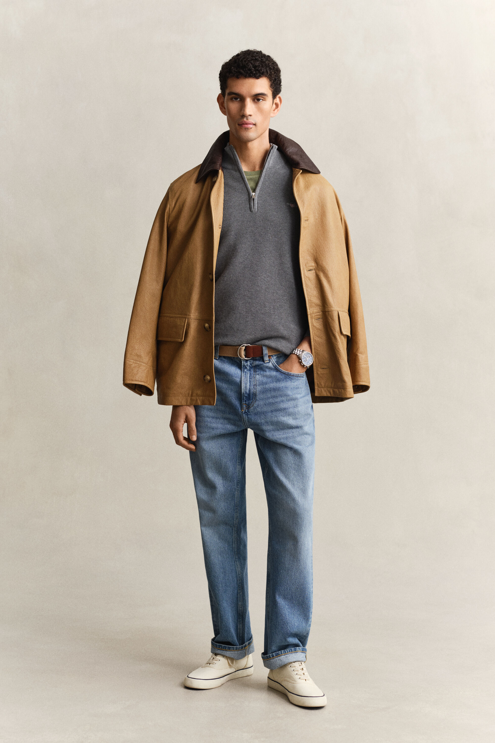 Jersey de algodón con media cremallera y textura