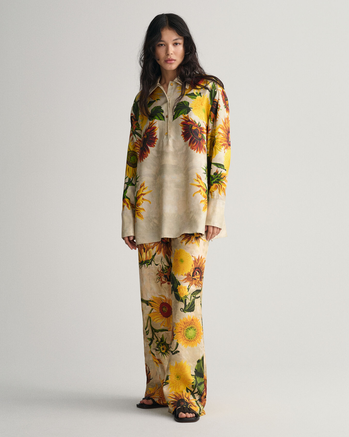 Blusa de seda Popover con estampado de girasoles