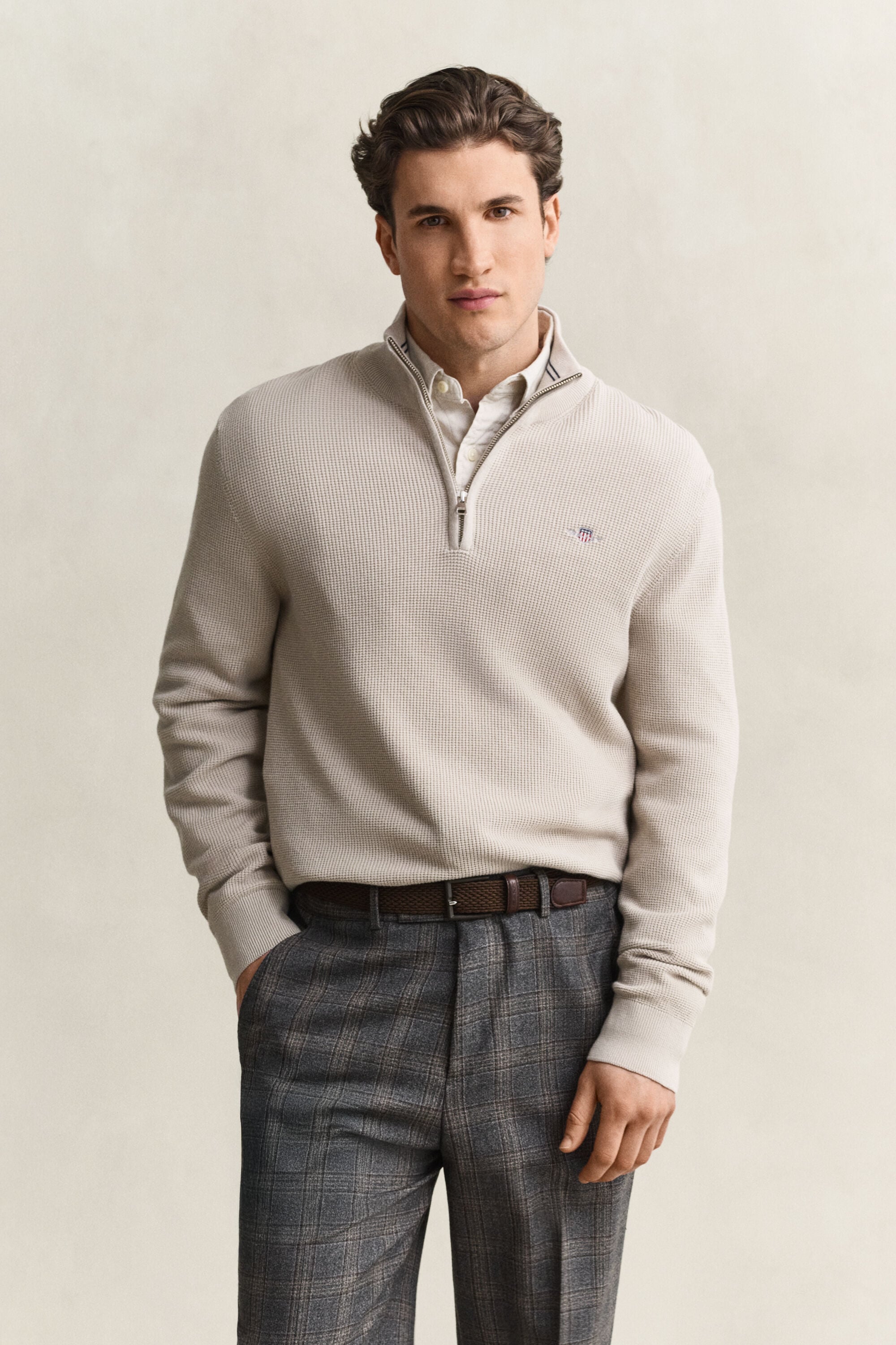 Jersey de algodón con media cremallera y textura