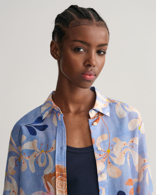 Camisa Regular Fit de seda y algodón con estampado de flores