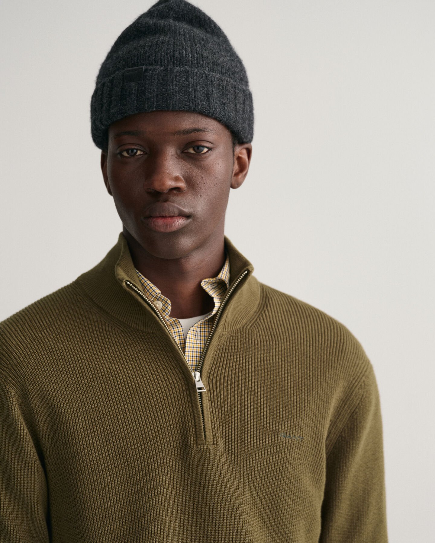 Jersey con media cremallera de lana y algodón acanalado