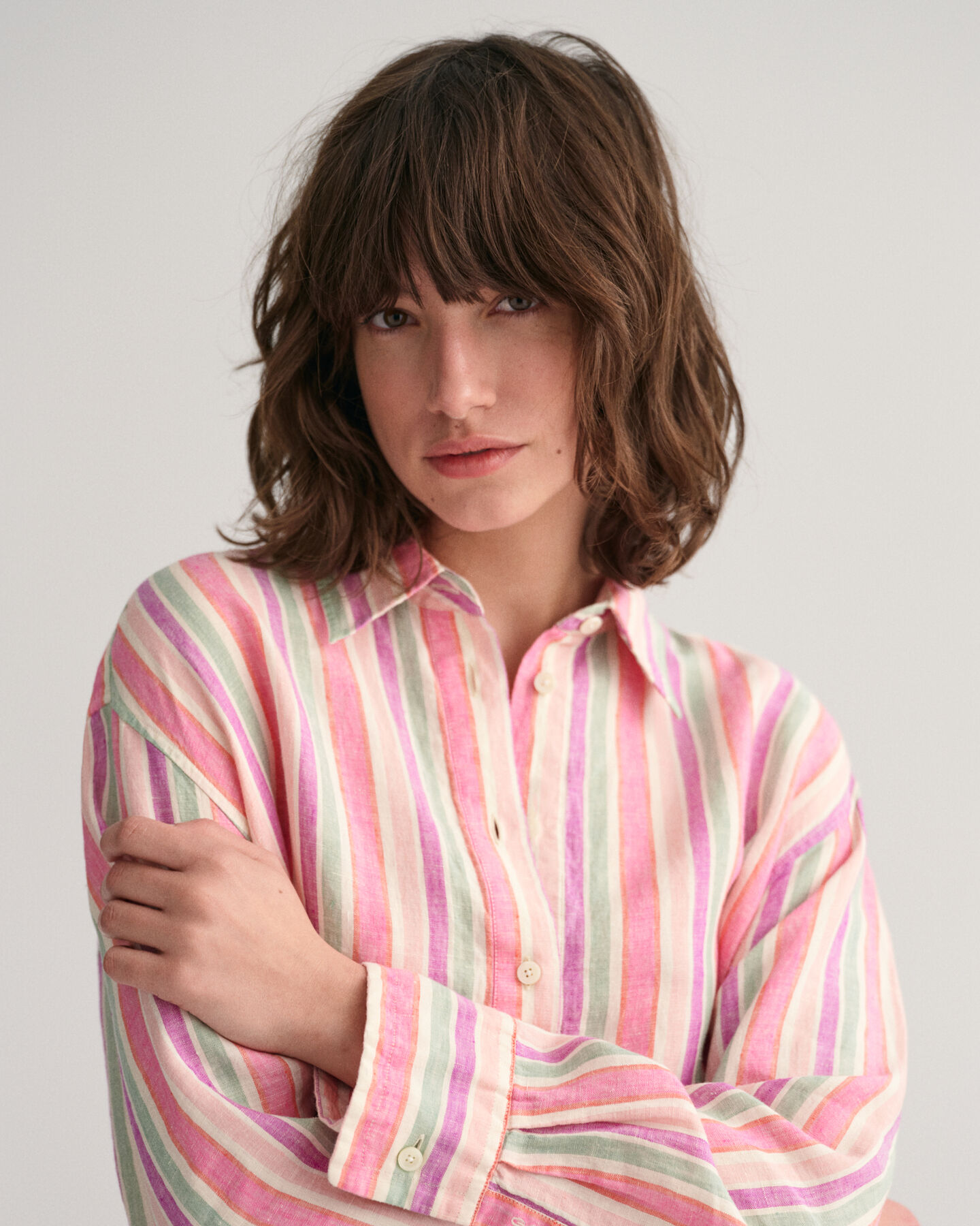 Vestido camisero de lino con varios diseños de rayas