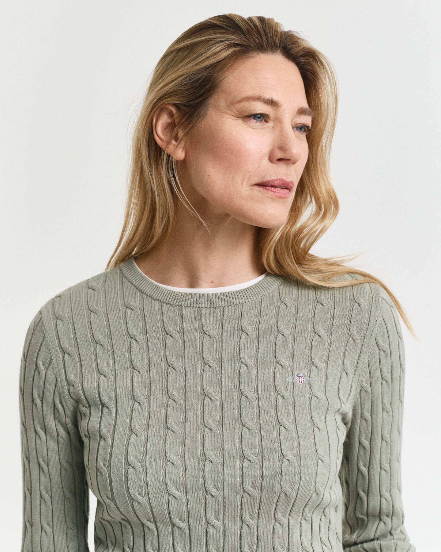 Jersey de cuello redondo y punto de ochos en algodón elástico