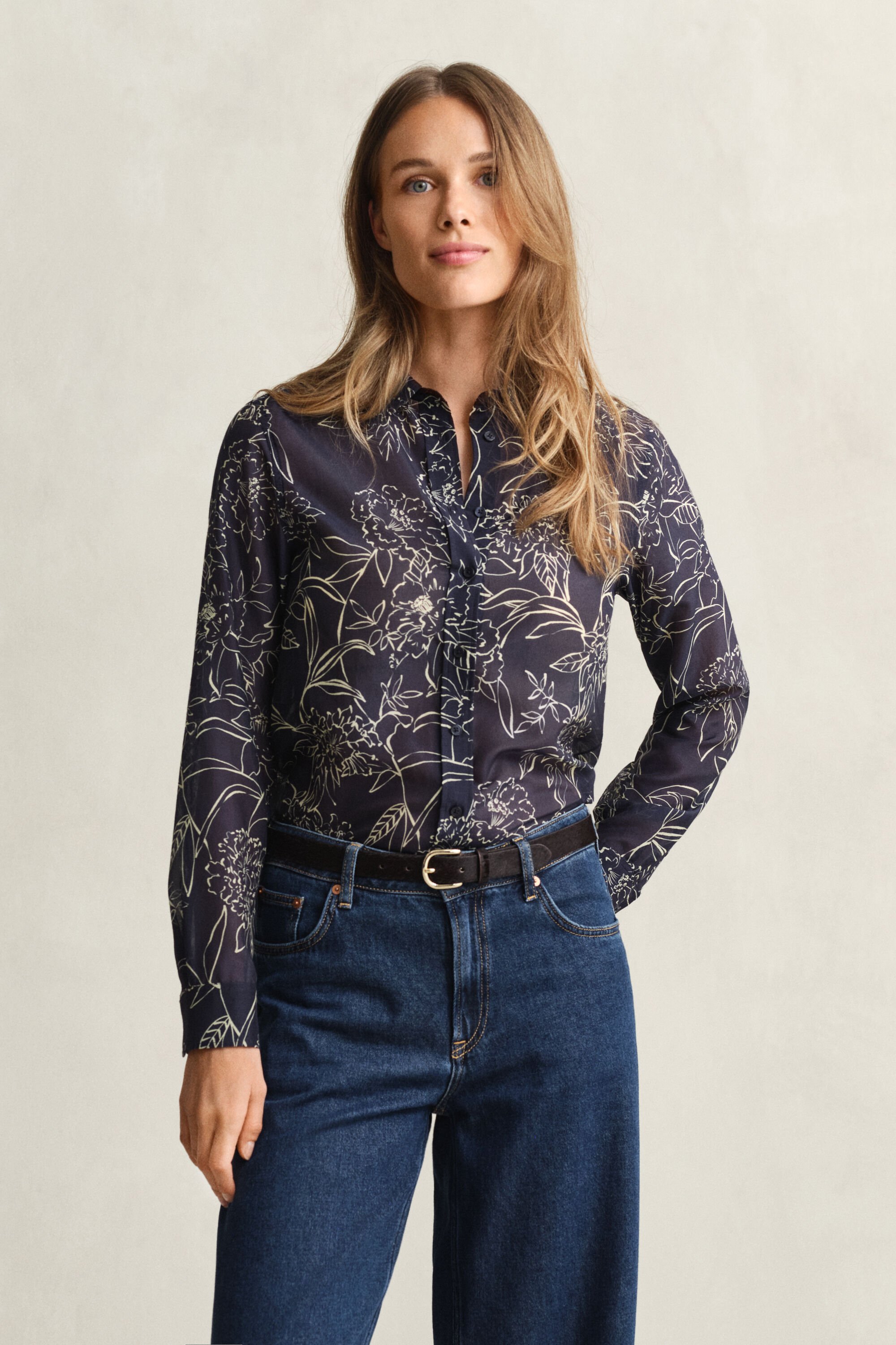 Camisa Regular Fit de seda y algodón con estampado de flores