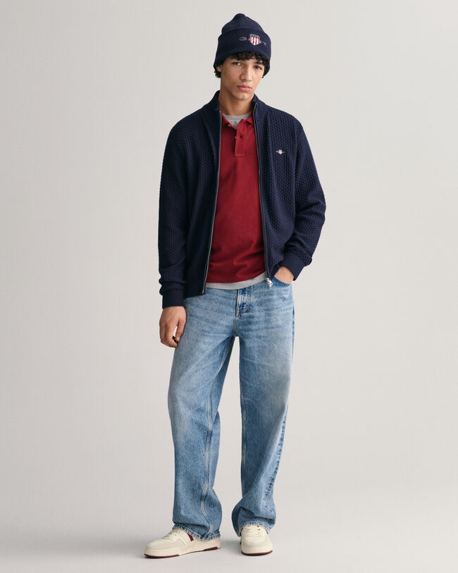 C&aacute;rdigan de algod&oacute;n con cremallera y textura