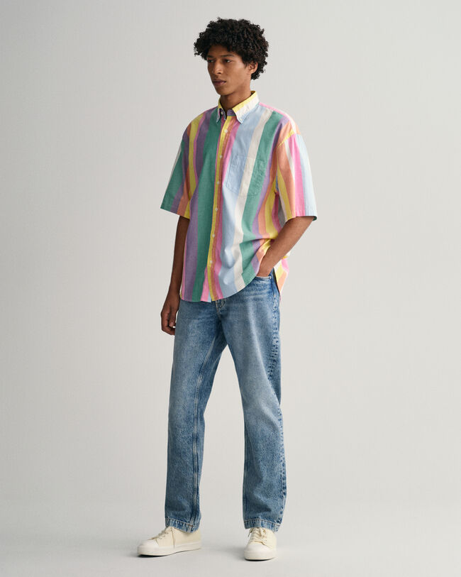 Camisa Oxford Relaxed Fit con rayas multicolor de manga corta