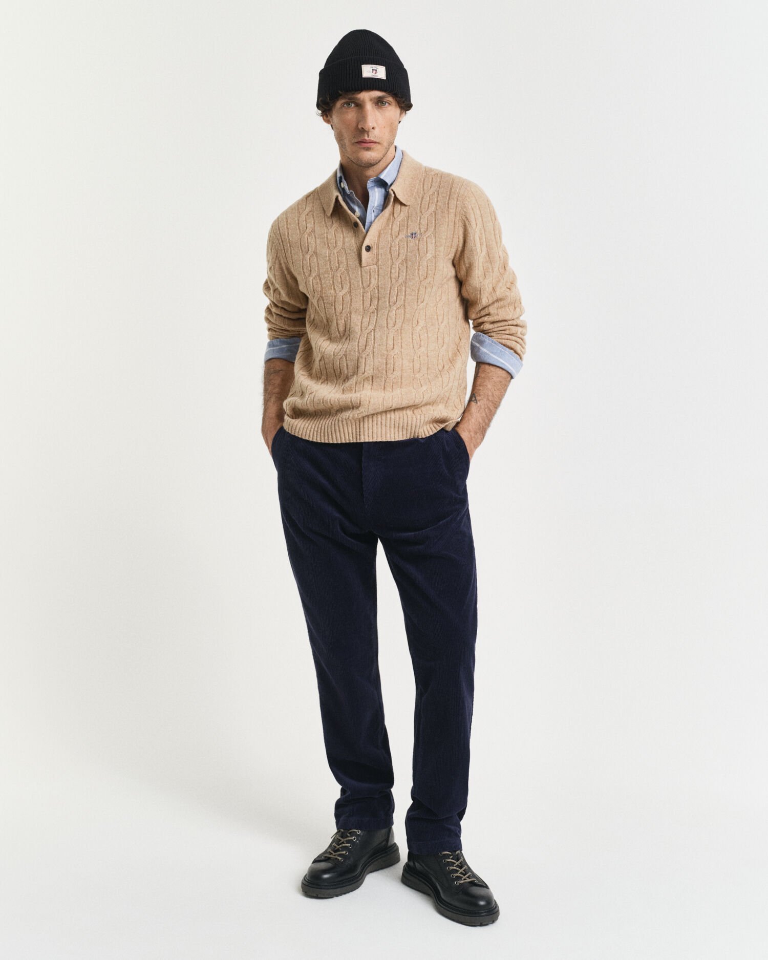 Jersey tipo polo de punto de ochos en lana de oveja