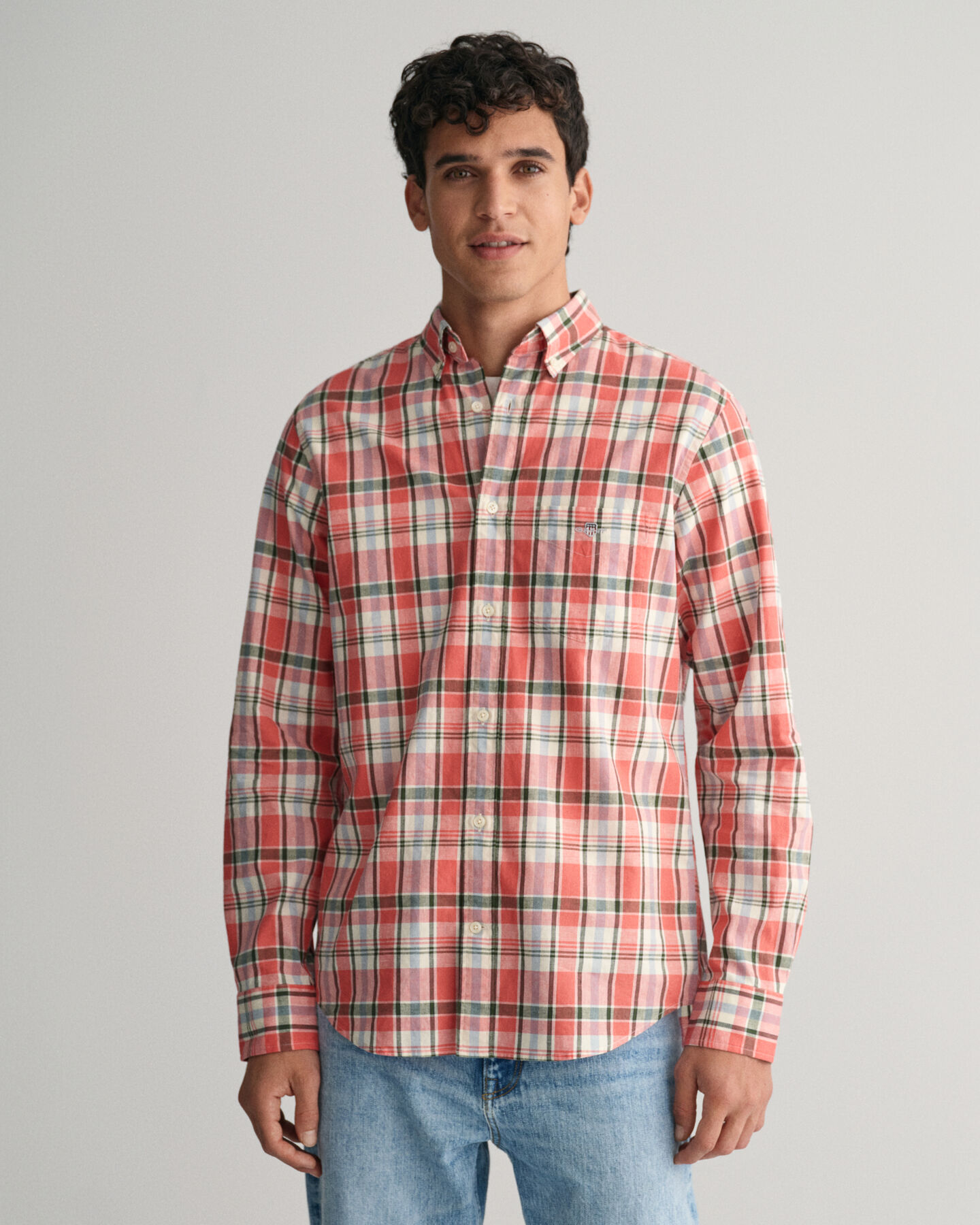 Camisa Regular Fit de lino y algodón a cuadros