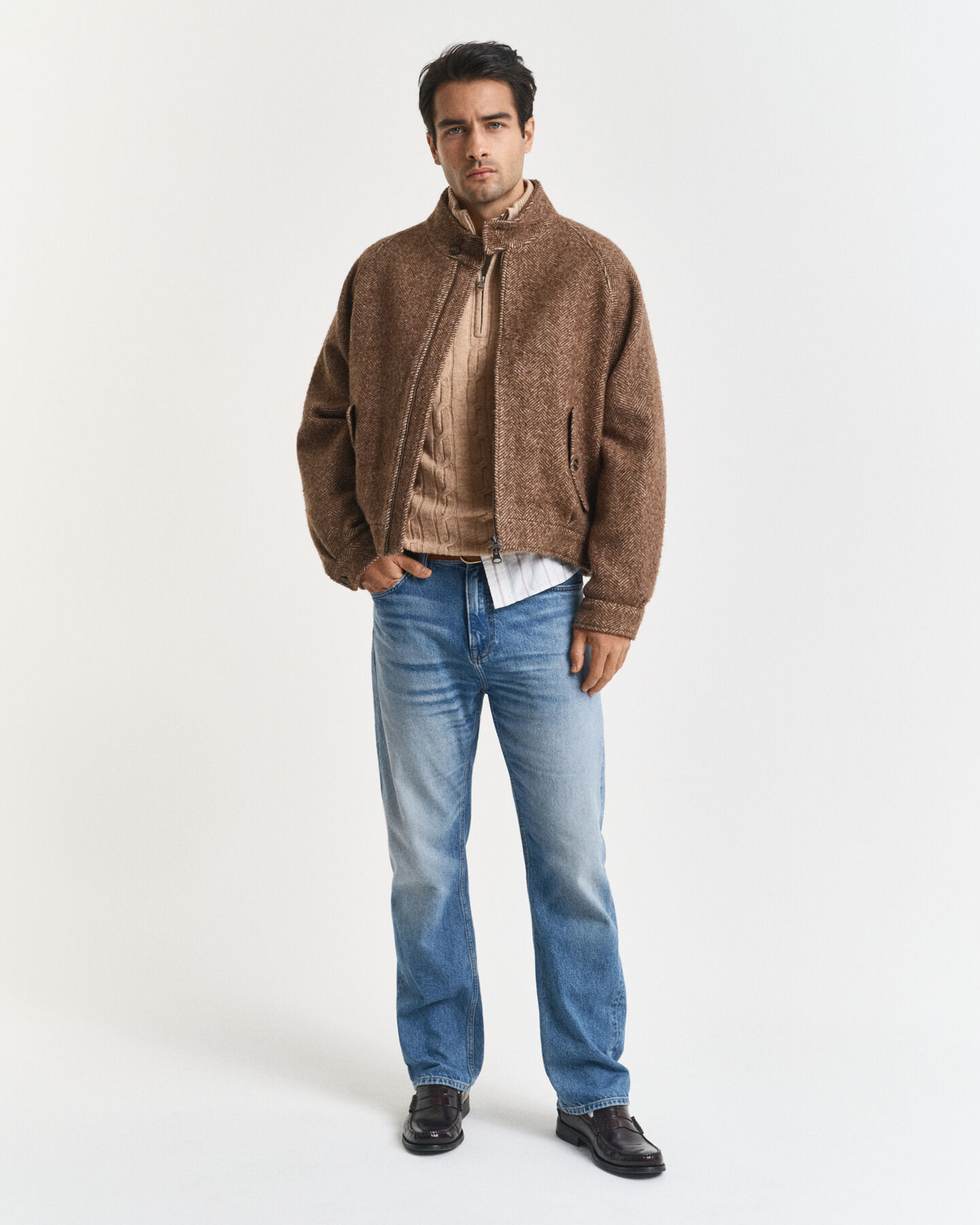 Jersey de punto de ochos en lana de oveja con media cremallera