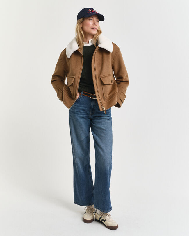 Jersey de cuello redondo y punto de ochos en algodón elástico