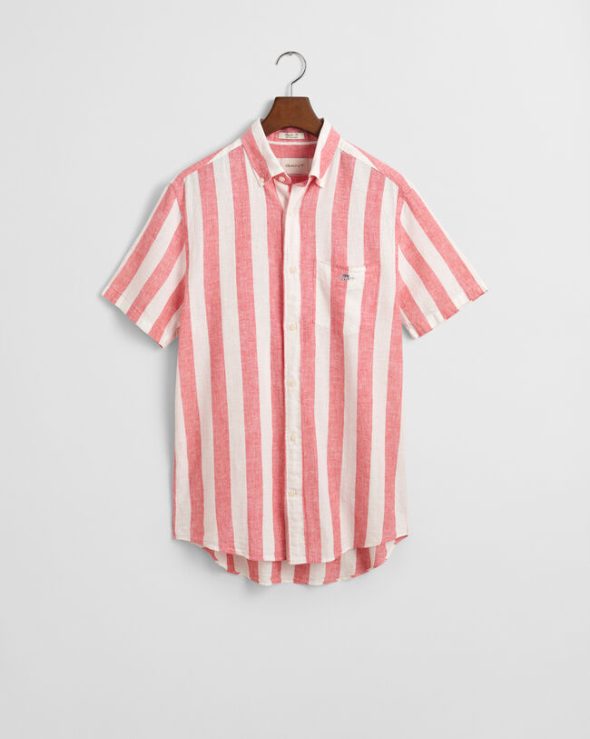 Camisa Regular Fit de manga corta a rayas en algod&oacute;n y lino