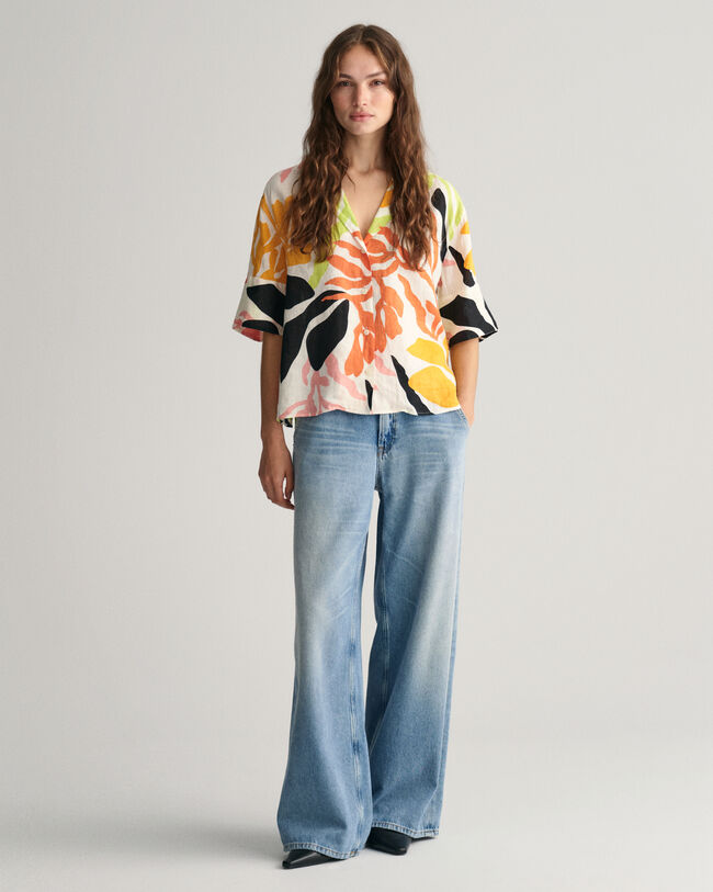 Camisa Relaxed Fit de manga corta en lino Palm Print