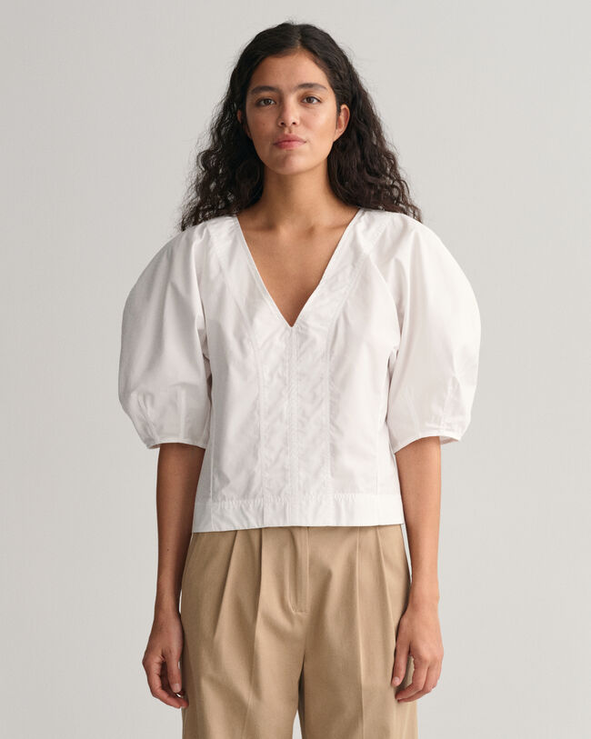 Top con cuello de pico y manga globo