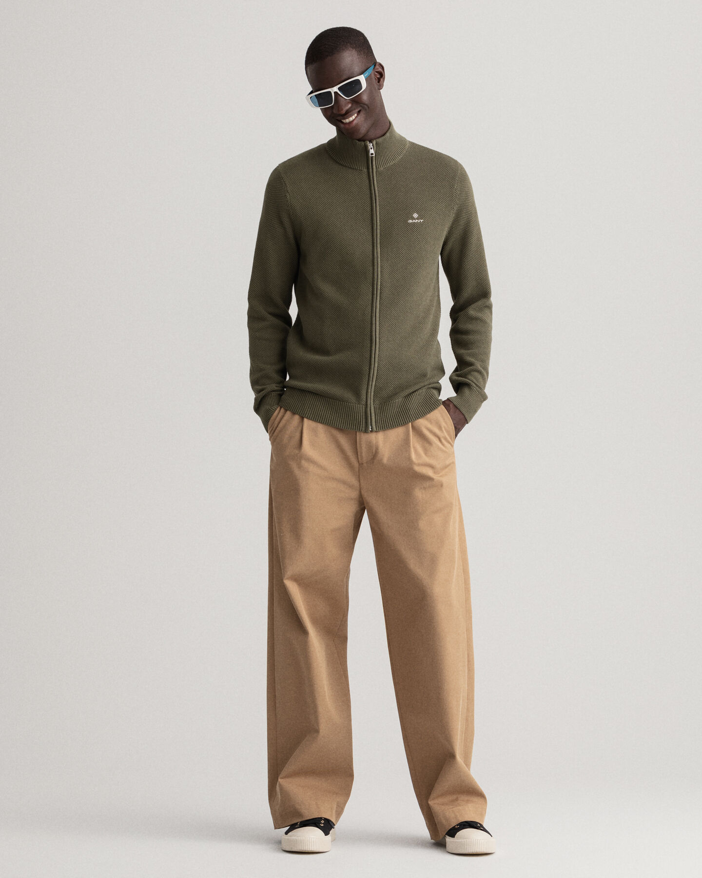 C&aacute;rdigan de piqu&eacute; de algod&oacute;n con media cremallera