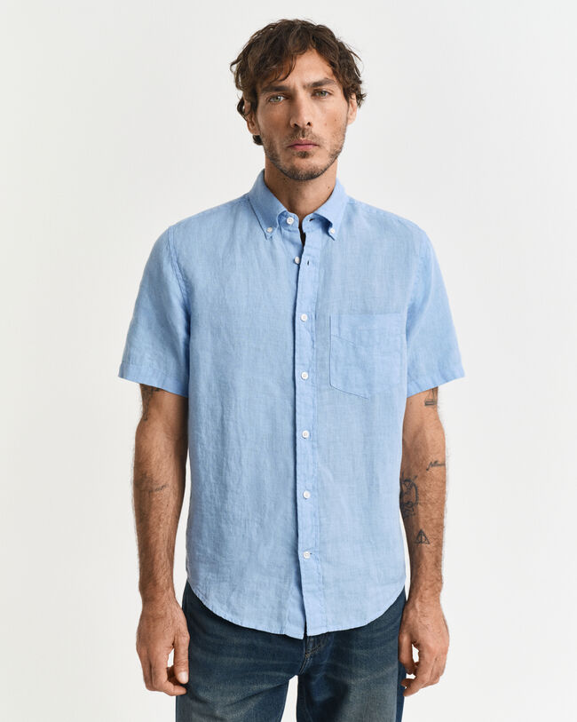 Camisa Regular Fit de manga corta y lino teñido en prenda