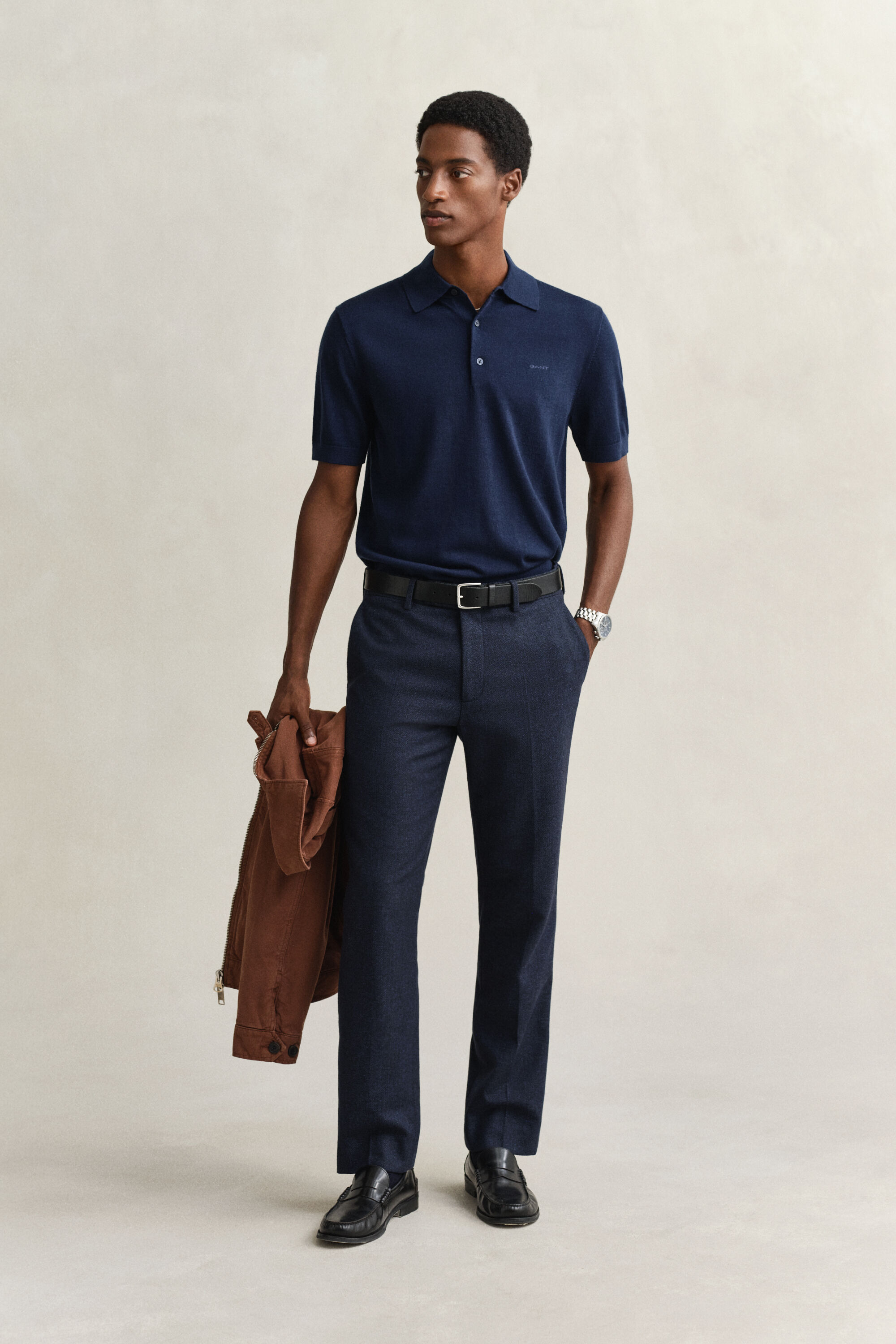 Jersey tipo polo de manga corta de lana merino extrafina