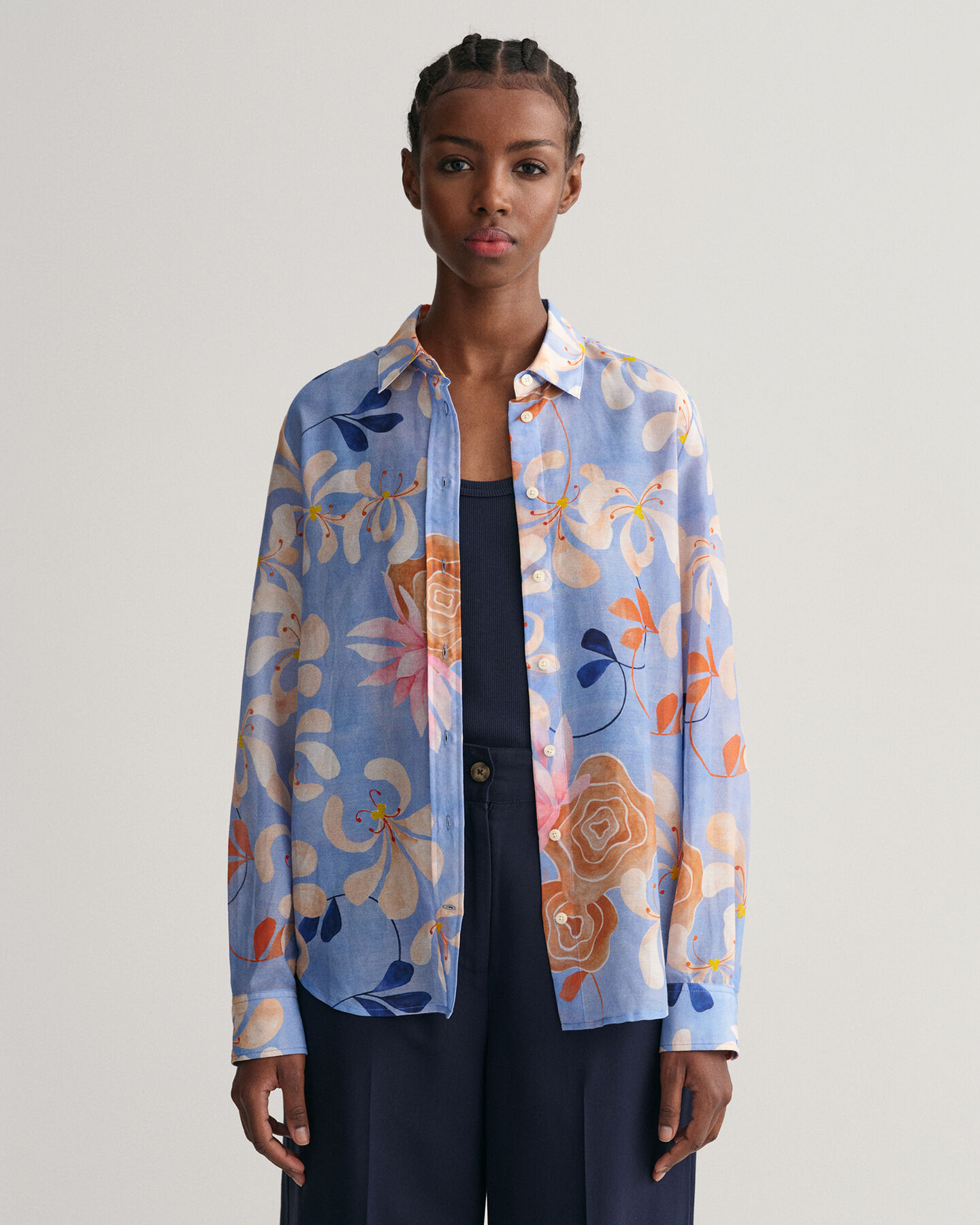 Camisa Regular Fit de seda y algodón con estampado de flores