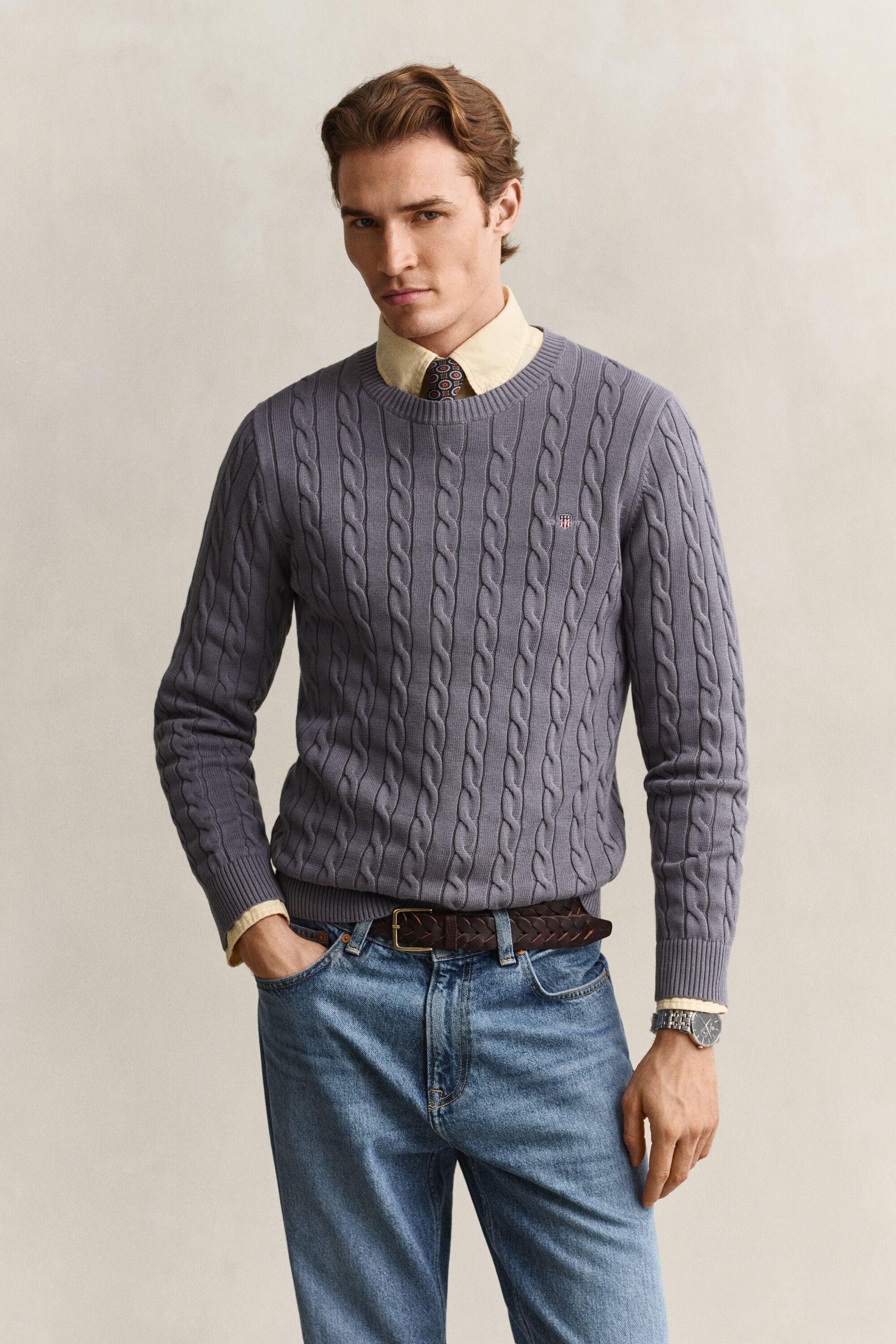 Jersey de cuello redondo y punto de ochos en algodón