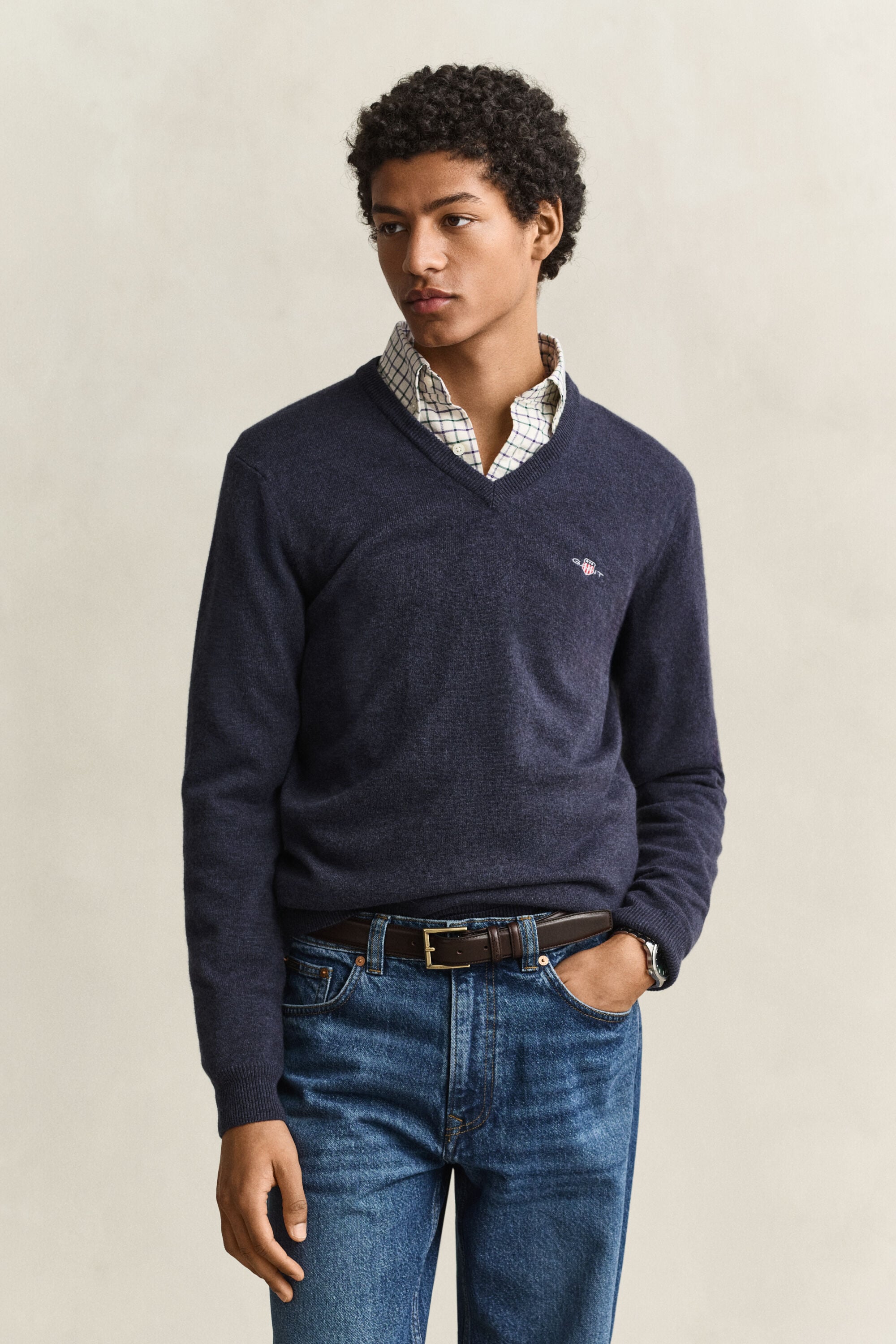 Jersey de cuello de pico en lana de oveja